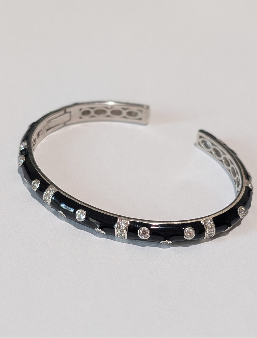 Hidalgo Signed Sterling Silver Black Enamel Cz Hinged Closure Cuff Bracelet